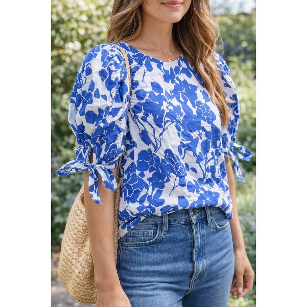 Tuckernuck Blue and White Floral Tie-Sleeve Blouse
